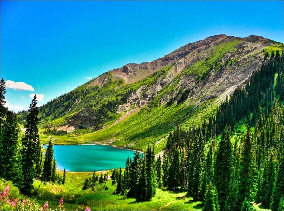 Красивый зеленый пейзаж в горах, рядом озеро