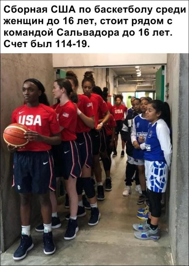 Баскетболистки. Сборная США по баскетболу среди женщин до 16 лет, а рядом команда Сальвадора.