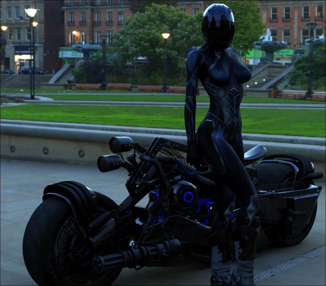 Чёрный мотоцикл, чёрная костюм девушки. Красиво.
